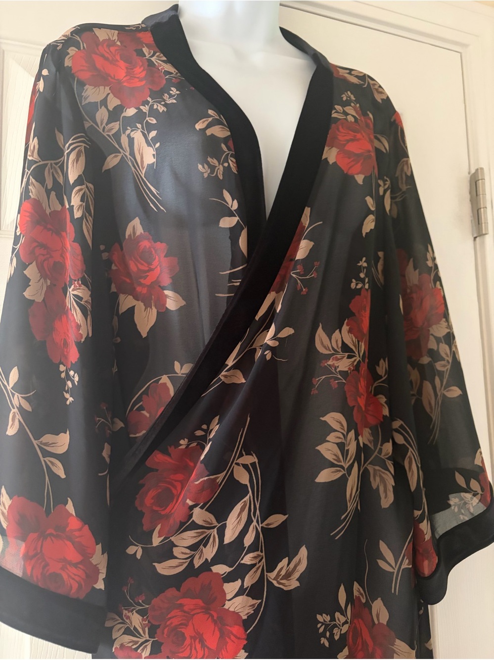 torrid Black Sheer Floral Kimono with Red Roses